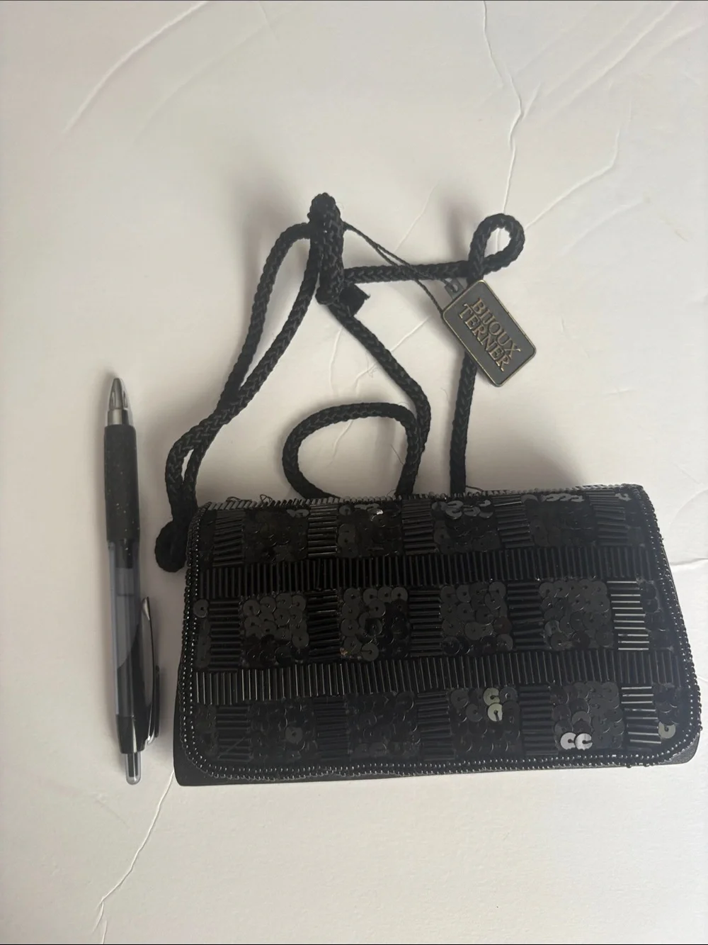 Bijoux Terner Black Sequin Clutch with Braided Strap